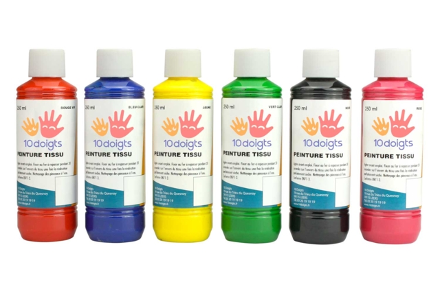 Peinture textile opaque 250 ml - 6 couleurs - Peinture textile : tout le matériel pour personnaliser tissu et vêtements - 10doigts.fr