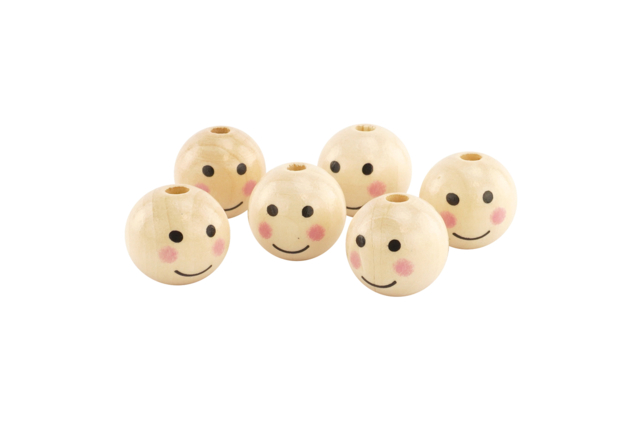 Perles en bois visages Ø 2.5 cm - trou 5 mm - 6 pièces - Perles en bois - 10doigts.fr