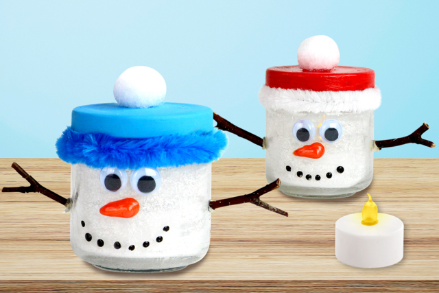 Photophore bonhomme de neige - Pompons pour bricolage créatif - 10doigts.fr