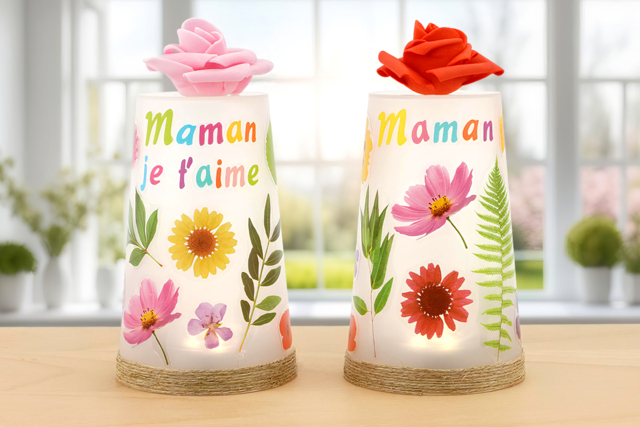 Photophore fleuri pour la fête des mères - Gommettes réalistes pour enfants : l’éveil par l’image - 10doigts.fr