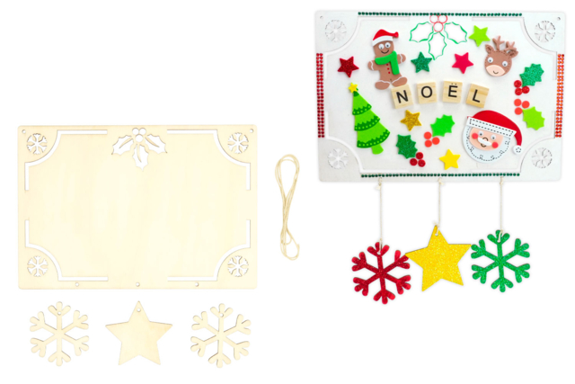 Plaque de Porte Noël en bois avec 3 suspension - Décorations de Noël en bois à décorer - 10doigts.fr