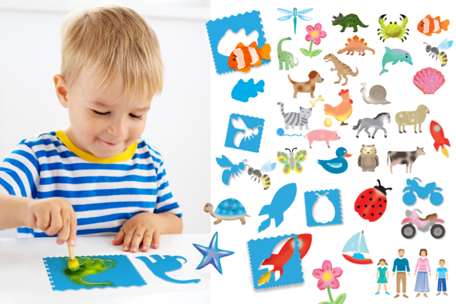 pochoirs tracettes maxi pack - Pochoirs enfants : l'outil magique pour enrichir les dessins - 10doigts.fr