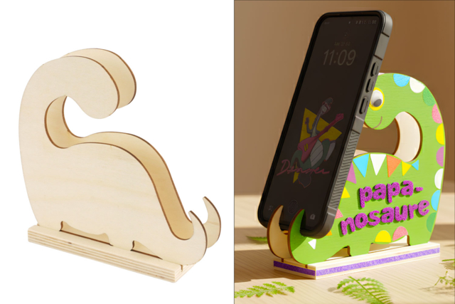 Porte-smartphone dinosaure en bois - Objets en bois à décorer pour le bureau - 10doigts.fr