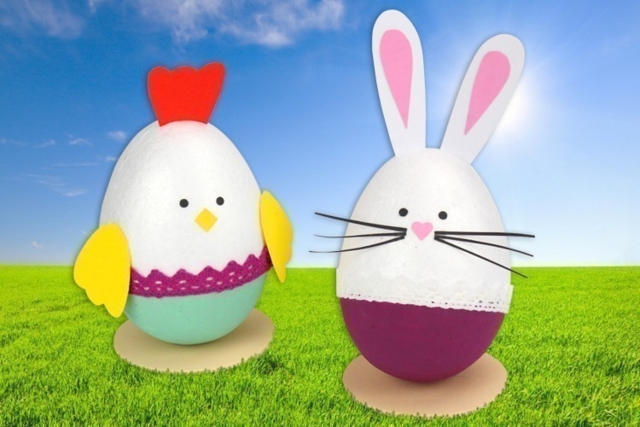 Poule et lapin avec des oeufs en polystyrène - Oeufs de Pâques créatif - 10doigts.fr