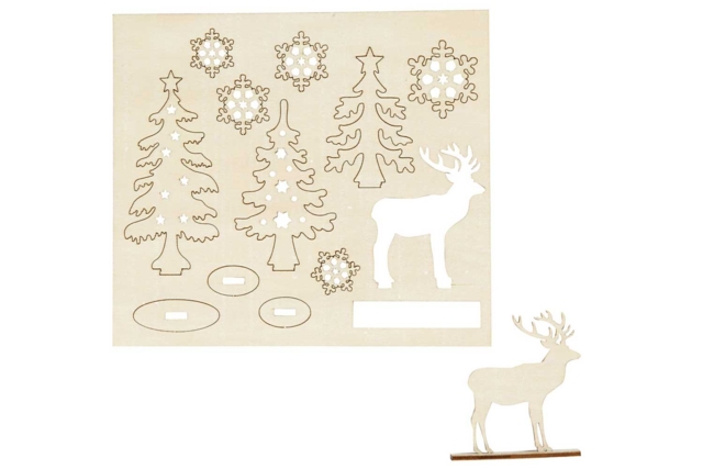 Scenette de Noël en bois à monter - foret et cerf - Décorations en bois brut : tranches et bois naturel déco - 10doigts.fr