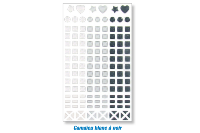 Set de 147 stickers mosaïques en camaïeu noir, blanc et gris - Mosaïques papier, mousse - 10doigts.fr
