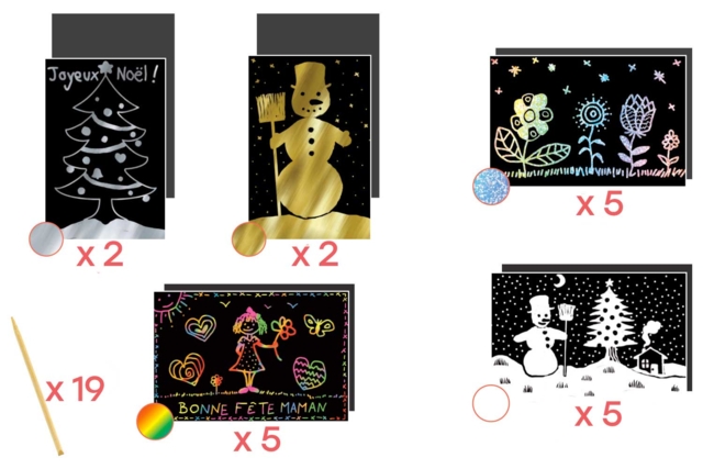 Set de 19 cartes à gratter color'mix  - Cartes à gratter et à poinçonner : révélez votre créativité en relief - 10doigts.fr
