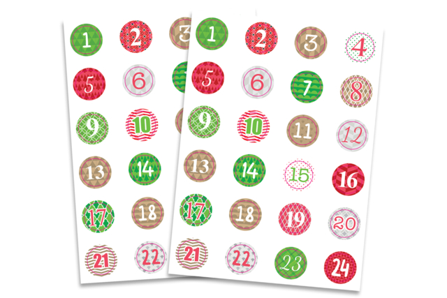 Set de 2 planche de gommettes rondes calendrier de l'Avent - Gommettes Alphabet, messages - 10doigts.fr