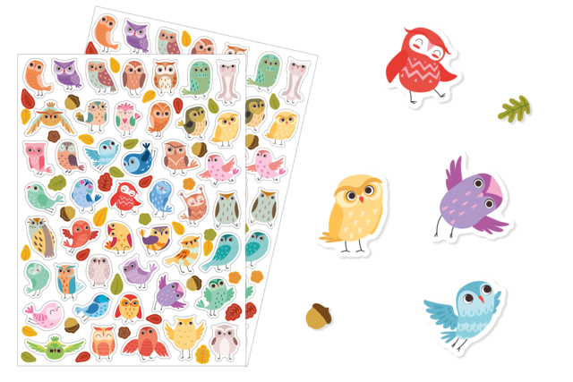 Set de 2 planches de gommettes Tendres Hiboux - Des gommettes animaux pour créer et apprendre dès la maternelle - 10doigts.fr