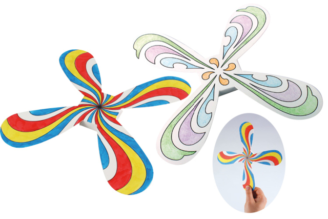 Set de 3 boomerangs hélice - Supports de coloriages originaux pour enfants - 10doigts.fr