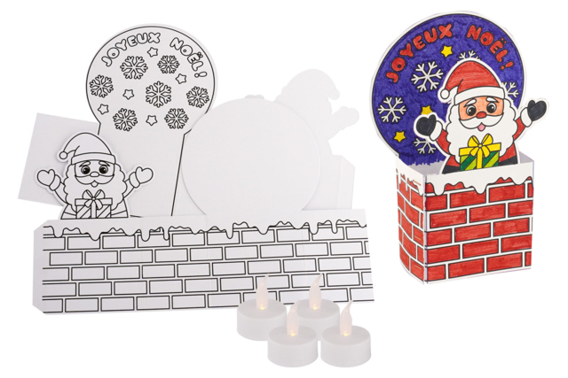 Set de 4 Pères Noel avec cheminée à colorier + 4 bougies LED - Photophores Noël - 10doigts.fr