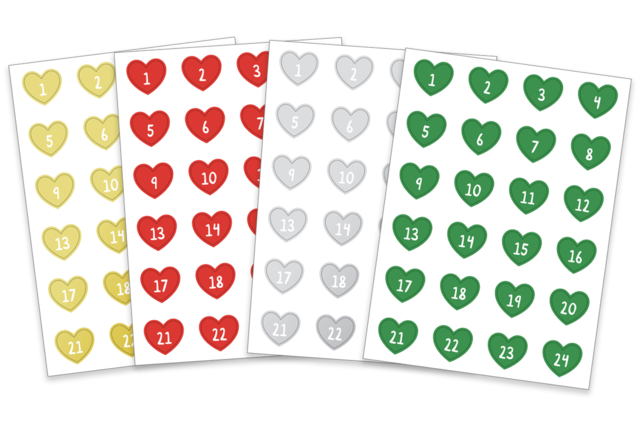 Set de 4 planches de gommettes de Calendrier de l'Avent cœurs - Gommettes Alphabet, messages - 10doigts.fr