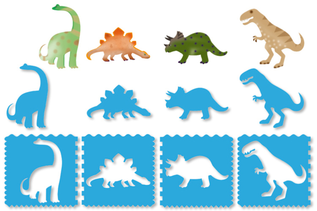 Set de 4 pochoirs + 4 tracettes : DINOSAURES - Pochoirs animaux : l’accessoire idéal pour créer vos univers sauvages - 10doigts.fr