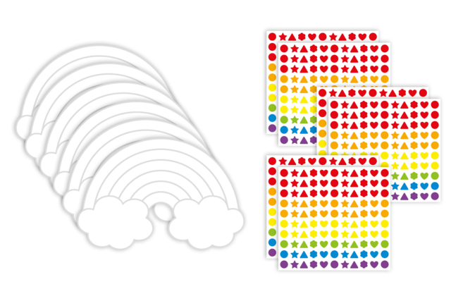 Set de 6 arcs en ciel en carte forte imprimée + 6 planches de gommettes - Kits créatifs avec gommettes : le plein d’idées pour les petits artistes - 10doigts.fr