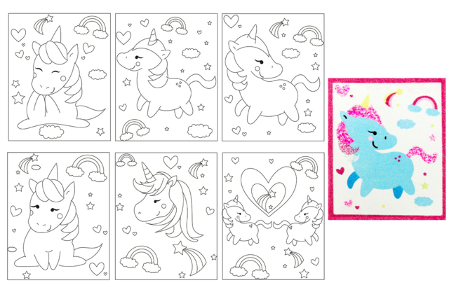 Set de 6 cartes à sabler ou pailleter 13x16cm Licornes - Sable coloré : tout le matériel pour créer des tableaux en sable - 10doigts.fr
