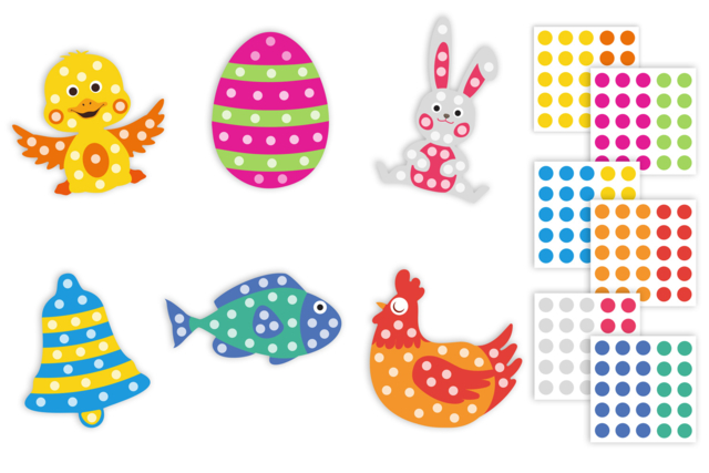 Set de 6 formes de Pâques bi-couleurs + gommettes - Kits créatifs avec gommettes : le plein d’idées pour les petits artistes - 10doigts.fr
