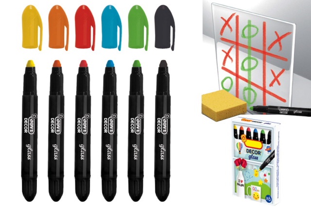 Set de 6 marqueurs grosses pointes pour vitres et fenêtres - couleurs vives - Crayons cire : l'éveil au dessin en toute liberté - 10doigts.fr