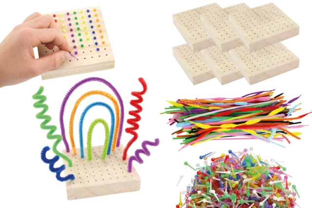 Set de 6 supports en bois avec trous + 400 chenilles + 2000 épingles en plastique - Kits éducatifs : le plaisir d'apprendre par la manipulation - 10doigts.fr
