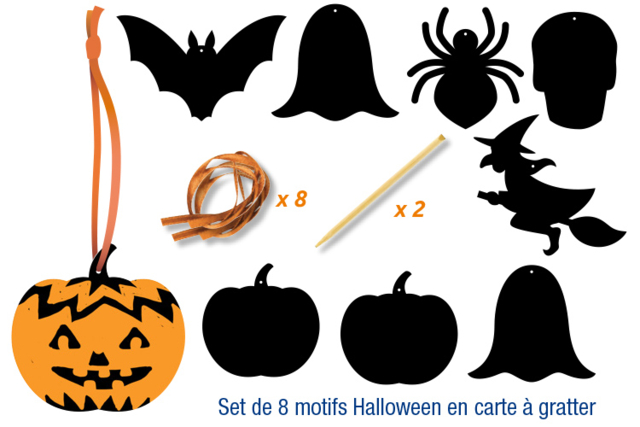 Set de 8 motifs Halloween en carte à gratter - Cartes à gratter et à poinçonner : révélez votre créativité en relief - 10doigts.fr
