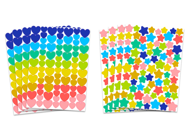 Set de 8 planches de gommettes étoiles et cœurs, couleurs tendances - Gommettes cœur : des cœurs adhésifs pour vos activités créatives - 10doigts.fr