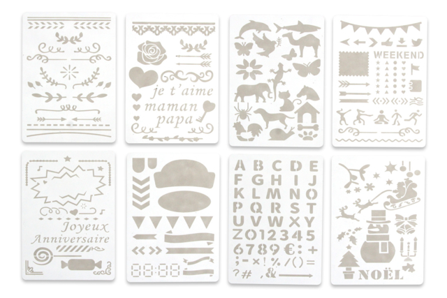 Set de 8 pochoirs carterie - Bullet Journal, Planner - 10doigts.fr