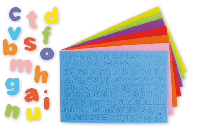 Set de 950 lettres adhésives en caoutchouc, couleurs assorties - Gommettes Alphabet, messages - 10doigts.fr