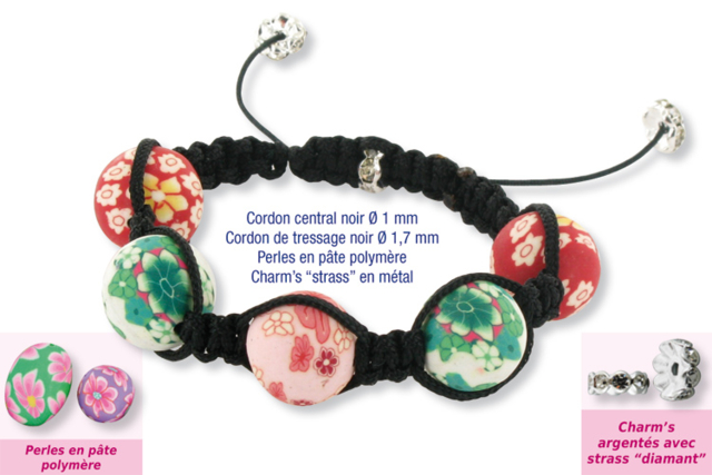 Shamballas... avec des perles en pâte polymère millefioris + Charm's argentés circulaires avec strass "diamant" incrustés - Cordons queue de rat - 10doigts.fr