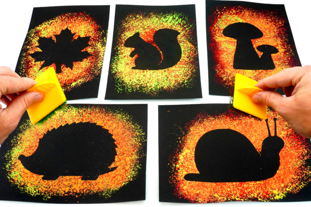 Silhouettes Automne avec des tampons texturés - Colles en aérosol - 10doigts.fr