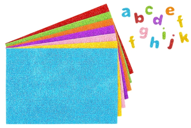 Stickers lettres en caoutchouc mousse pailleté - 7 couleurs - Gommettes Alphabet, messages - 10doigts.fr