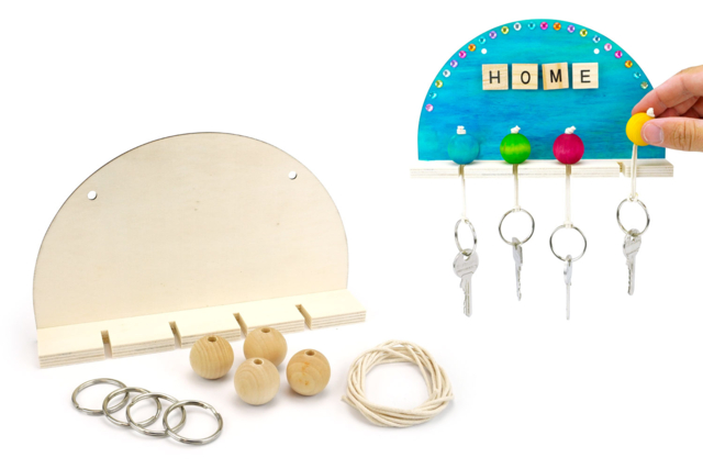 Support mural arrondi + 4 porte-clés à monter - Objets en bois à décorer pour la maison - 10doigts.fr