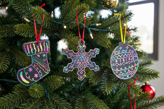 suspension carte à gratter sapin de Noël - Cartes à gratter et à poinçonner : révélez votre créativité en relief - 10doigts.fr