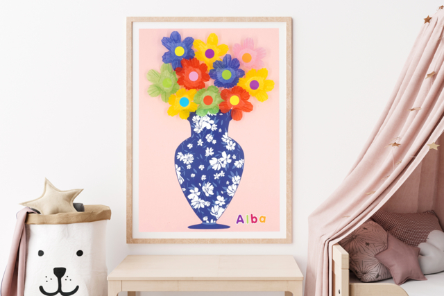 Tableau fleuri et vase en porcelaine - Formes en carte forte - 10doigts.fr