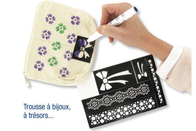 Trousse à bijoux, à trésors... en coton avec fermeture zippée 19 x 13.5 cm - Pochoirs adhésifs : la solution parfaite pour des motifs nets et sans bavure - 10doigts.fr