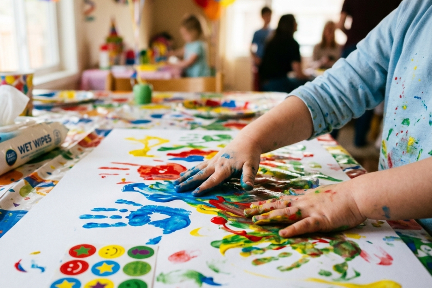 Enfant de 3 ans qui peint avec les doigts pendant un atelier d'anniversaire