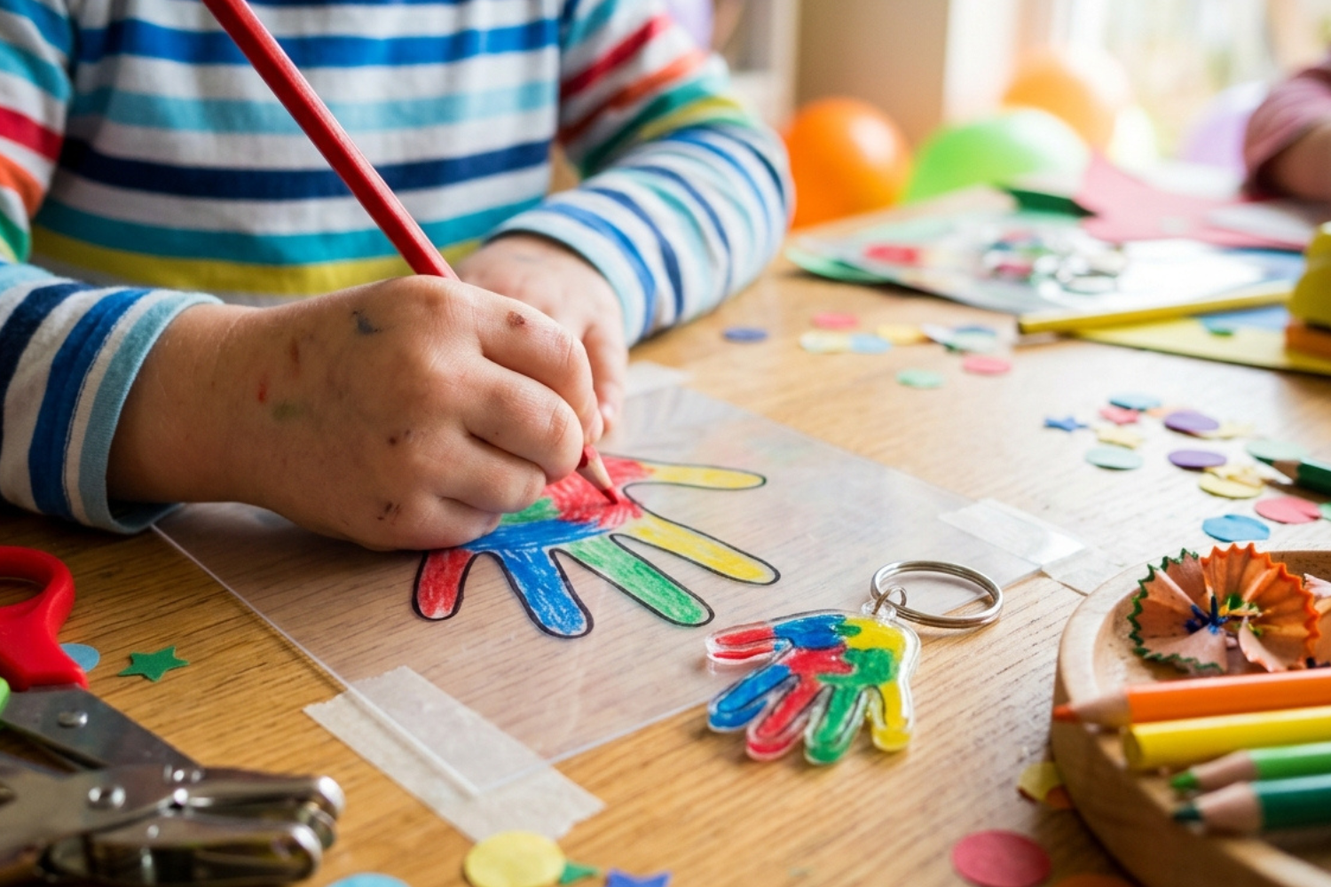 Porte-clés empreinte de main en plastique fou, atelier d'anniversaire 5 ans